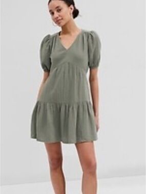 Gap Olive Green V-Neck Tiered Babydoll Dress